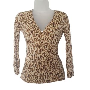 Cache Sexy Animal Print 100% Silk Blouse Size S Faux Wrap 3/4 Sleeves Ruching